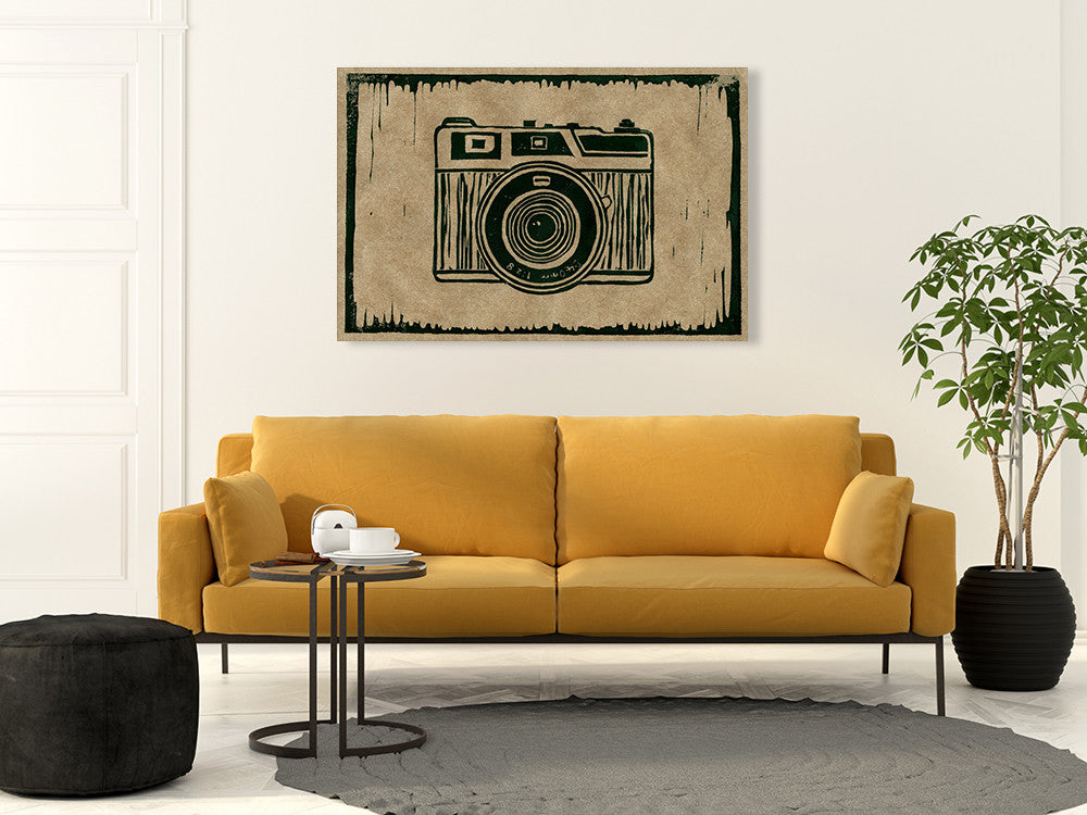 Camera Linocut D Wall Art Print on the wall