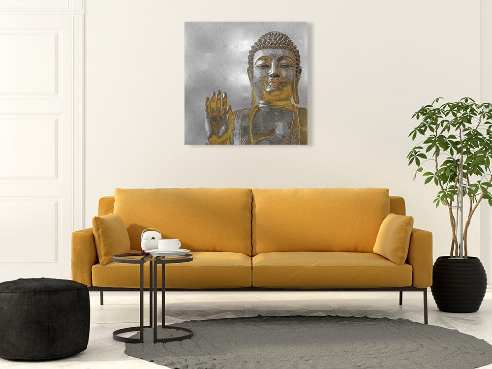 Silver and Gold Buddha Wall Art Print on the wall