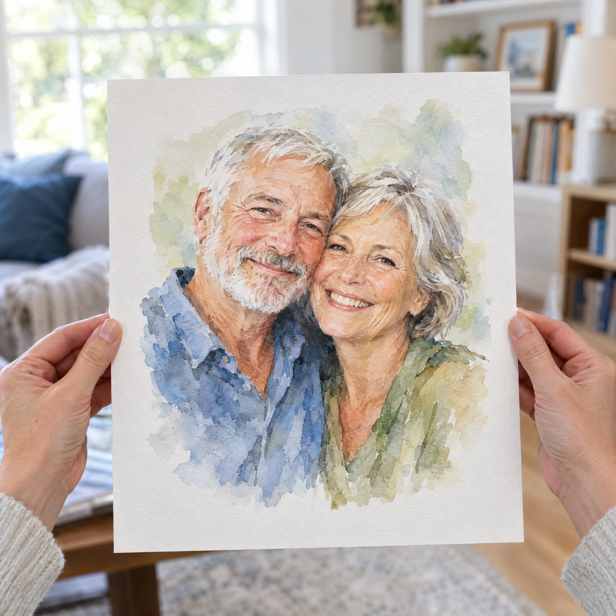 Example of a watercolour couple portrait from a photo, held up unframed on watercolour paper
