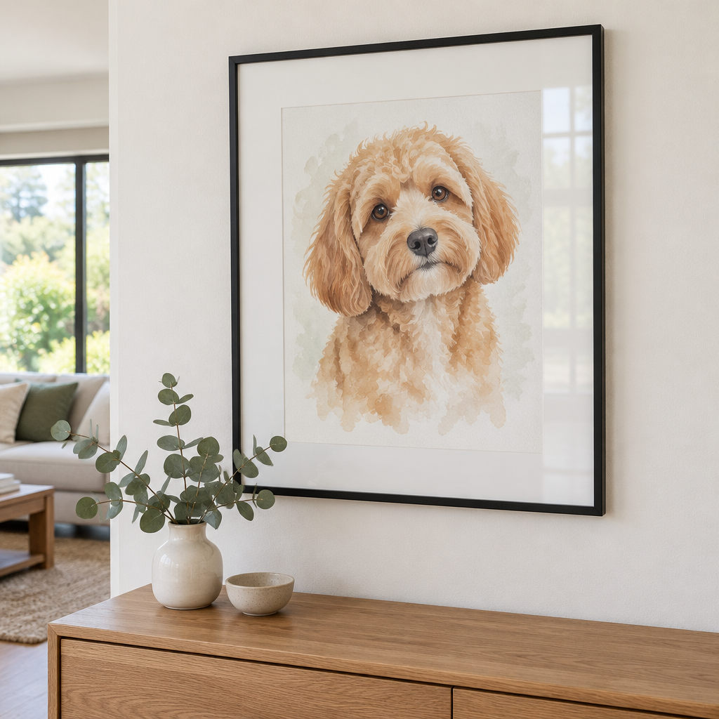 Example of a framed watercolour dog portrait of a cavoodle with a white mat board, hanging above a sideboard