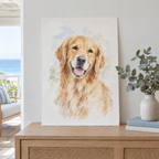 Example of an unframed watercolour dog portrait leaning on a sideboard to show size