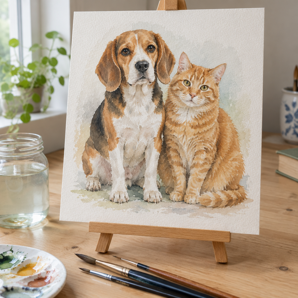 Example of a watercolour pet portrait of a beagle and a ginger cat together, on watercolour paper
