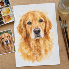 Example of a watercolour pet portrait of a golden retriever from a photo, on artist-grade watercolour paper