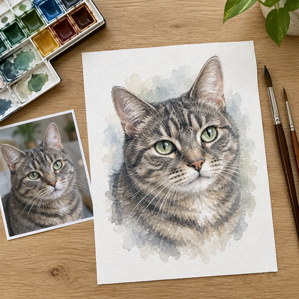 Example of a watercolour pet portrait of a tabby cat from a photo, on artist-grade watercolour paper