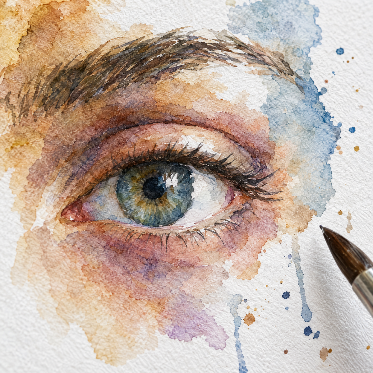 Close-up example of watercolour washes on textured paper in a hand-painted watercolour portrait