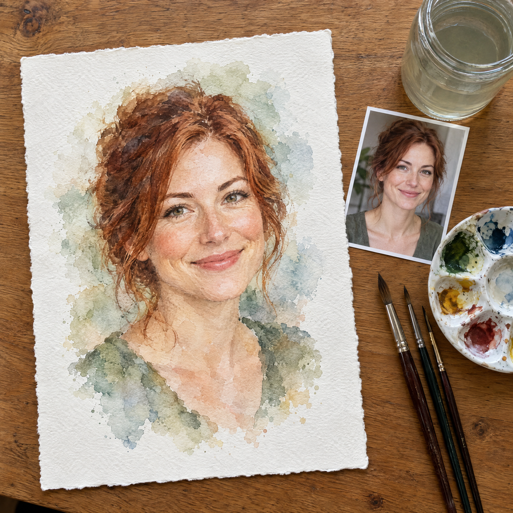 Example of a watercolour portrait of a woman from a photo, on artist-grade watercolour paper