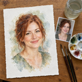 Example of a watercolour portrait of a woman from a photo, on artist-grade watercolour paper