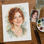 Example of a watercolour portrait of a woman from a photo, on artist-grade watercolour paper